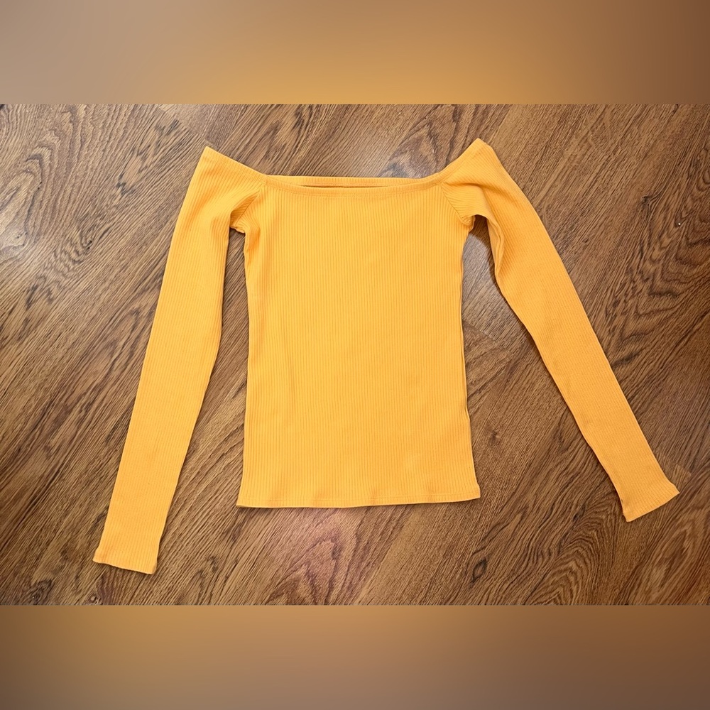 Hollister Ribbed Off Shoulder Top Mustard Yellow Long Sleeve Slim M
